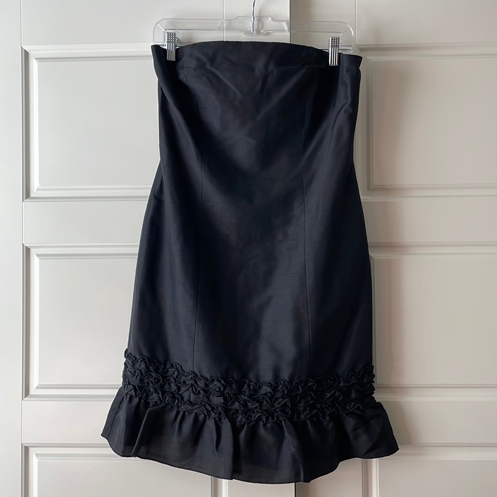 Strapless silk black ruffle mini dress
